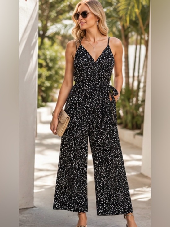 Kaileigh Pants - Kaileigh Black White Speckle Wrap Wide Leg Jumpsuit Size Small